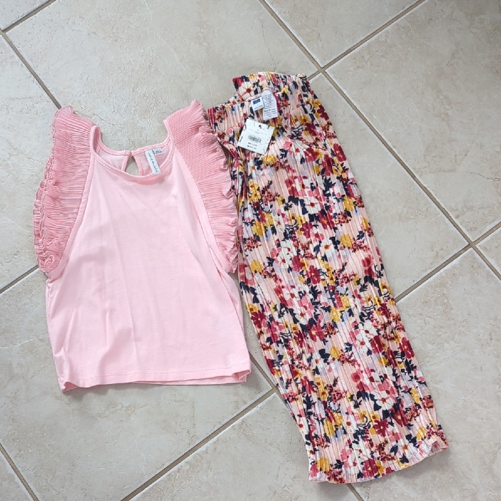 Pink Ruffle Top and Floral Pleated Velvet Pants Set NWT Janie And Jack Size 7